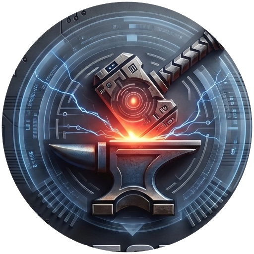 Hifestus Ventures emblem — a forge hammer, anvil and sword wreathed in circuitry