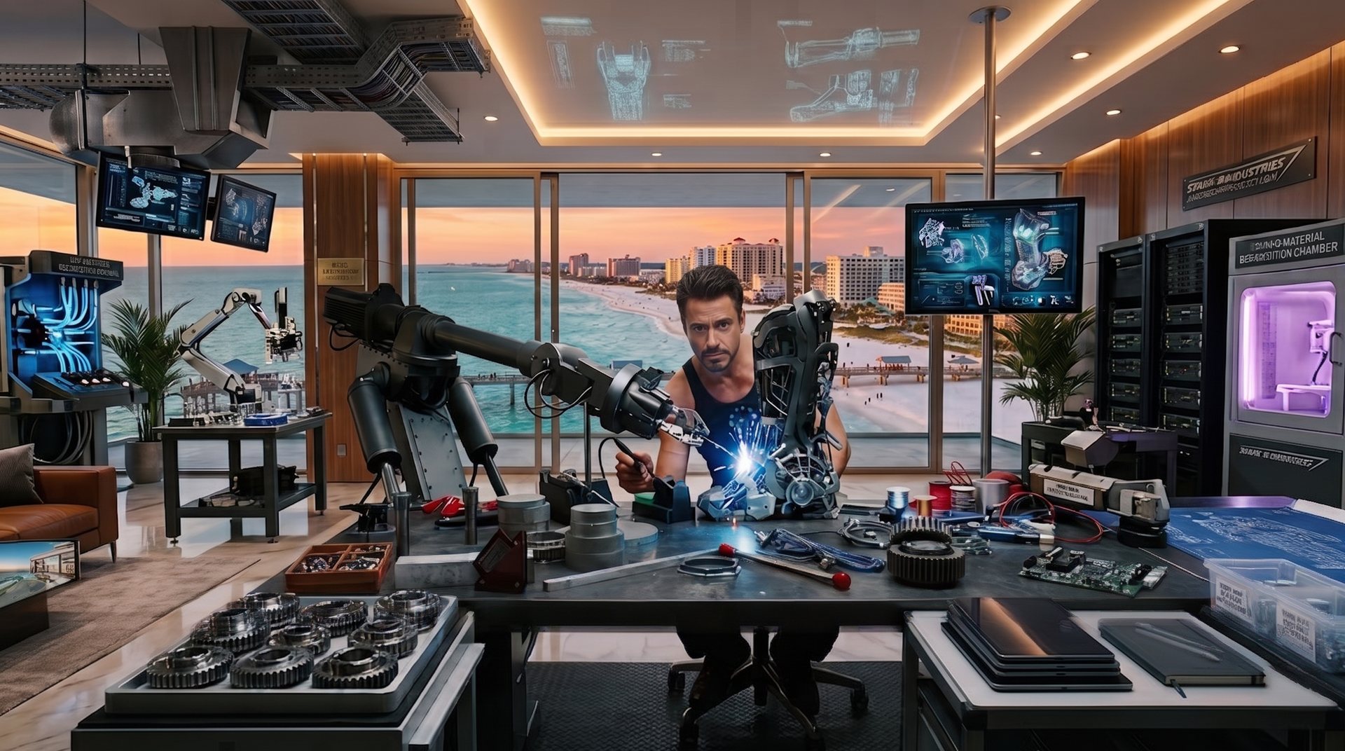 Ben Goldman building technology in a beachfront lab at sunset